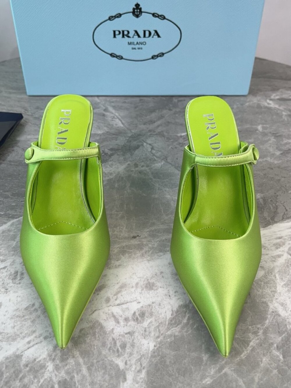 Prada Green Satin Pointed Toe High Heel Mules